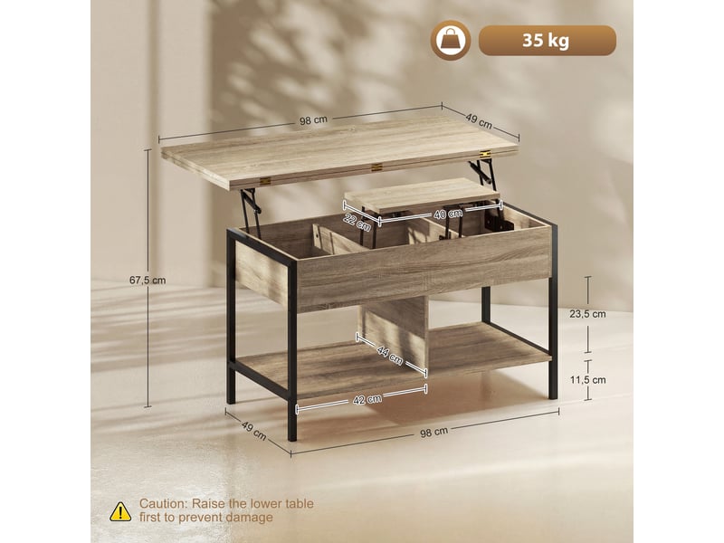  Table basse relevable et extensible, table de salon avec compartiment caché étagères ouvertes, 98x49x55cm, bois naturel  - Conforama C