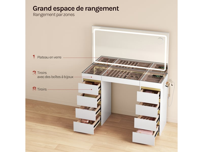  Coiffeuse avec miroir led, 11 tiroirs, station de charge, plateau en verre，112x40x133 cm，blanc+doré  - Conforama R