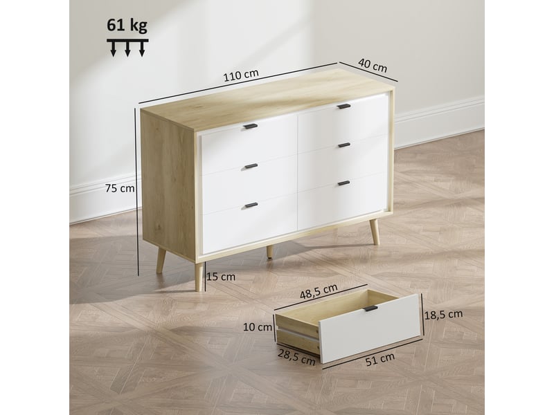  Commode 6 tiroirs, meuble de rangement à haute brillance, 5 pieds en bois, 110 x 40 x 75 cm, blanc et chêne  - Conforama C