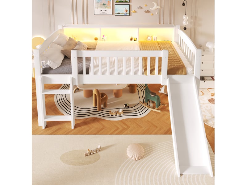  Lit enfant surélevé avec toboggan, rangements, led et usb 90x200 cm blanc  - Conforama W