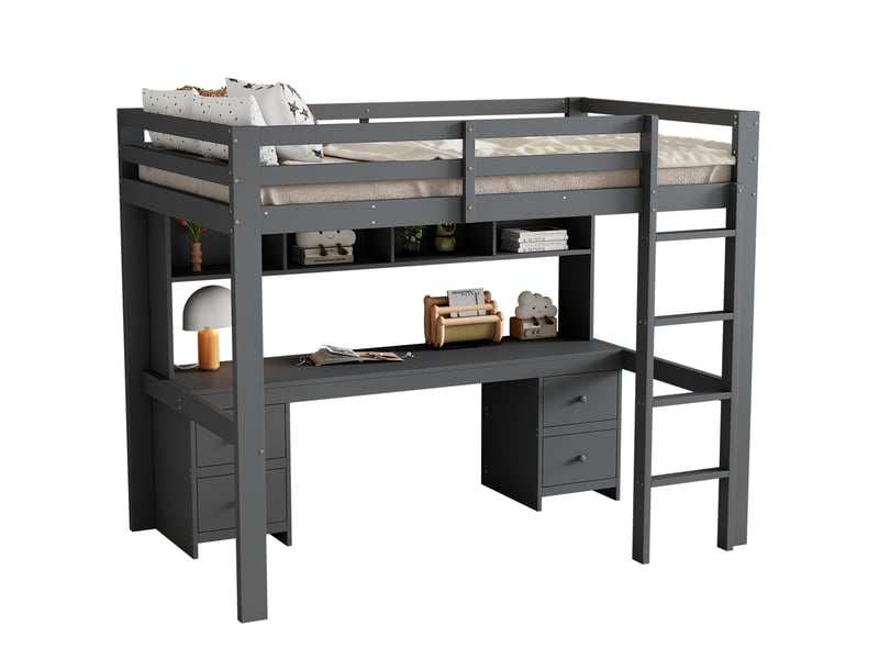  Lit mezzanine 90 × 200 cm 1 place avec bureau, 4 tiroirs et 4 étagères, sans matelas, en pin et mdf gris  - Conforama A