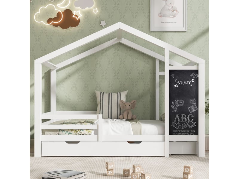  Lit combiné enfant 90 x 200 - avec tableau noir et 2 tiroirs - lit une place - bois massif - avec barrière - design toit  - Conforama B
