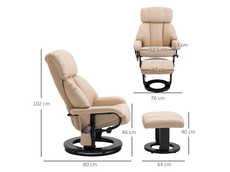 Fauteuil massant blanc crème, fauteuil relax inclinable avec repose-pieds vibrant, dossier ergonomique pour salon et lecture - Conforama C