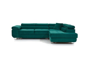 Canapé d'angle convertible menton vert canard velours – angle droit avec coffre