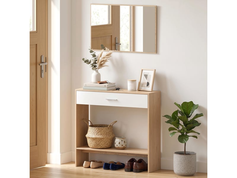  Console d'entrée avec miroir, tiroir et étagère, meuble d'entrée, 91,5 x 27,9 x 85,5 cm, chêne  - Conforama D