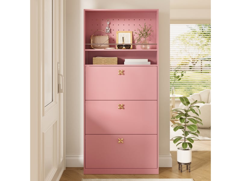 Meuble à chaussures rose 80 × 24 × 178,5 cm, panneau de particules, 3 abattants, crochets intégrés, rangements ouverts - Conforama E