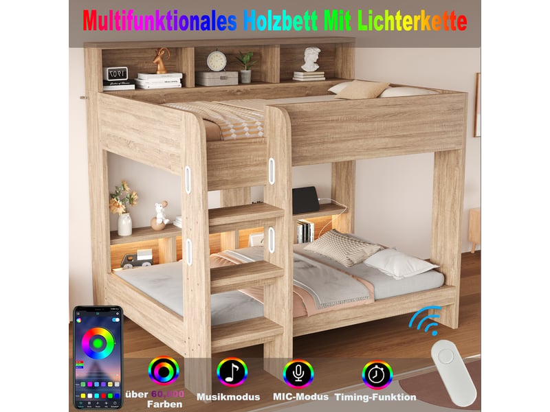  Lit superposé 90x200 cm en bois, barrière de sécurité, échelle, casiers, led et prises, coloris bois  - Conforama C