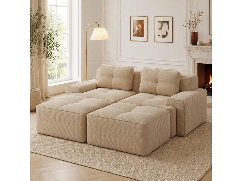  Canapé modulable 2 places avec ottoman en velours côtelé beige  - Conforama C