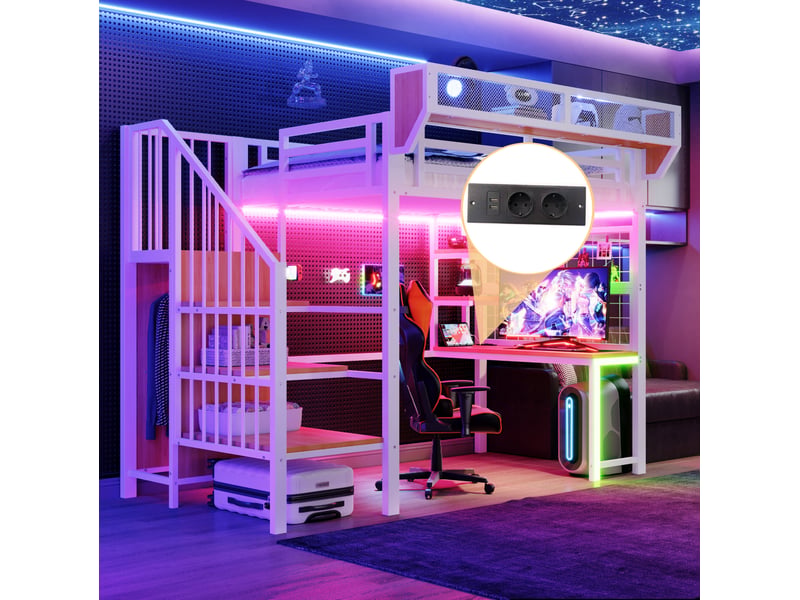  Lit mezzanine 90x200 cm avec bureau, rangements et éclairage led blanc  - Conforama D