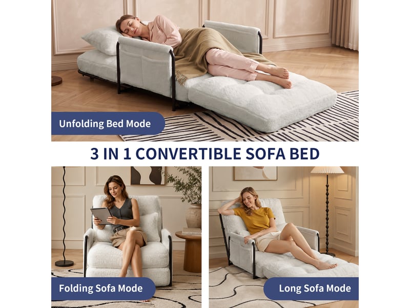  Fauteuil convertible 3 en 1, canapé-lit pliant avec dossier réglable, accoudoirs, coussin et poches de rangement, tissu bouclette - beige  - Conforama D