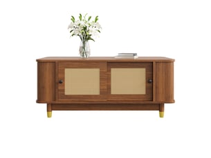 Table basse moderne avec portes coulissantes en rotin - coins arrondis, rangement mdf, effet bois
