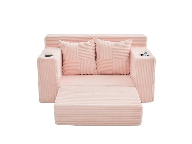  Canapé droit convertible 2 places, en velours côtelé, 2 coussins, porte-gobelet et poches latérales, 151 × 133 × 64 cm, rose YXY-0915-3 - Conforama A