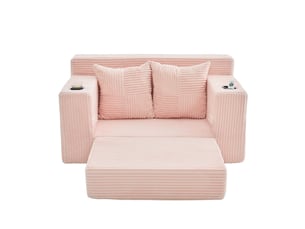 Canapé droit convertible 2 places, en velours côtelé, 2 coussins, porte-gobelet et poches latérales, 151 × 133 × 64 cm, rose