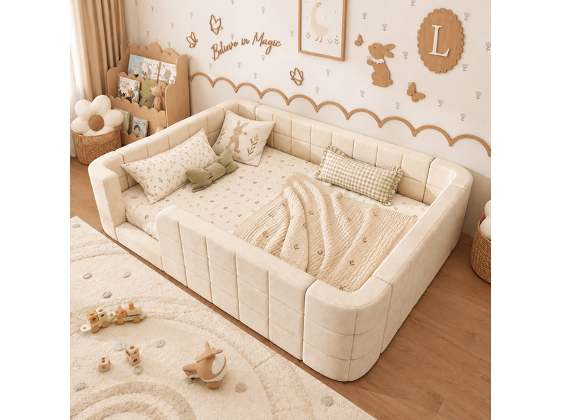  Lit enfant bas 140x190 cm, en tissu chenille rembourré, avec contour rembourré et entrée, avec sommier à lattes inclus, matelas non inclus, beige Luxe haut de gamme - Conforama R