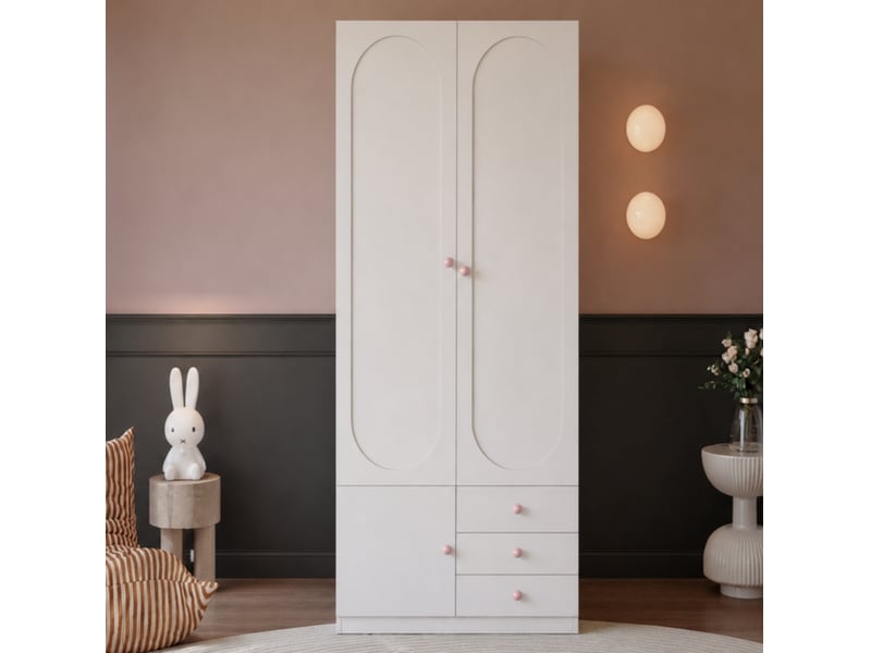 Armoire enfant 2 portes 80x50x200 cm – blanche – 3 tiroirs, penderie et dispositif anti-basculement - Conforama E