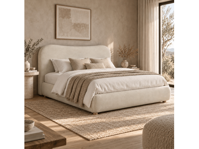  Lit coffre 2 places 160x200 cm en tissu beige avec tête de lit rembourrée et sommier, rangement hydraulique, sans matelas  - Conforama B