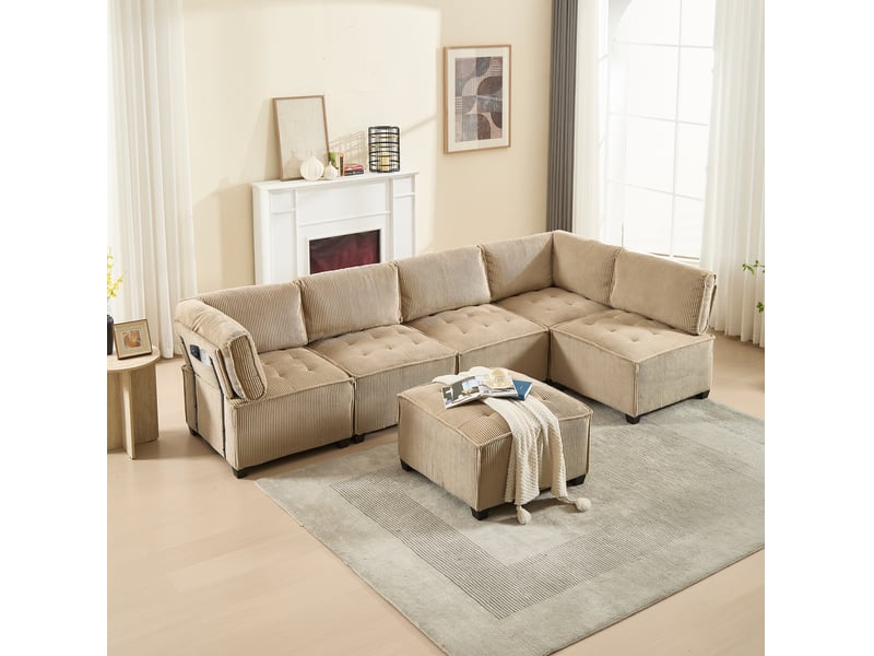  Canapé modulable 6 places en velours côtelé kaki, configuration u ou l et couchage d'appoint pour le salon  - Conforama B