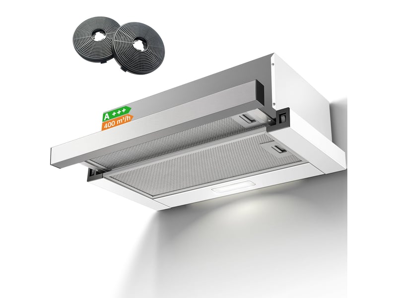  Hotte aspirante 60 cm télescopique sous meuble, évacuation extérieure ou recyclage, 400 m³h, filtres aluminium, éclairage led  - Conforama A