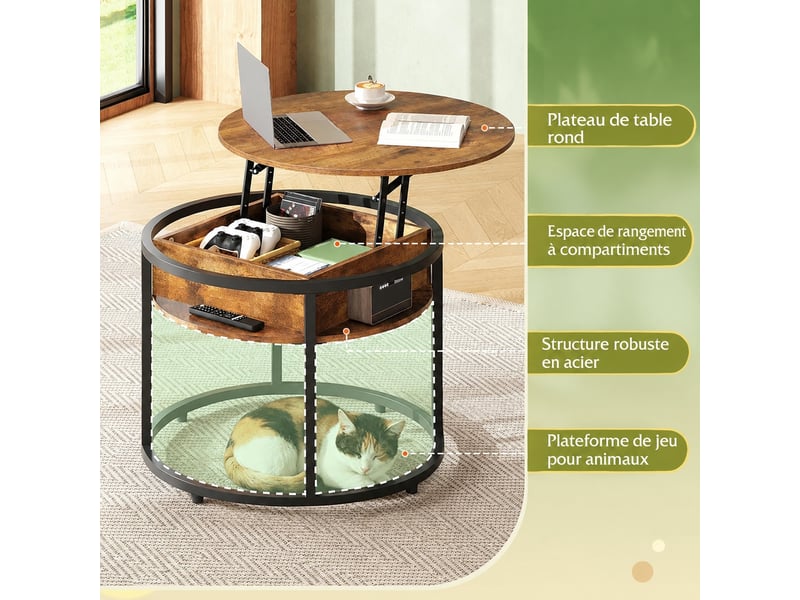  Table basse ronde à plateau relevable avec rangement, marron rustique, diamètre 60, hauteur 48 à 61  - Conforama D