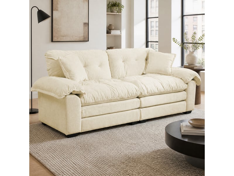 Canapé droit 2 places à assise profonde avec coussins amovibles - mousse mémoire, chenille beige 214 × 89 × 93 cm - Conforama C