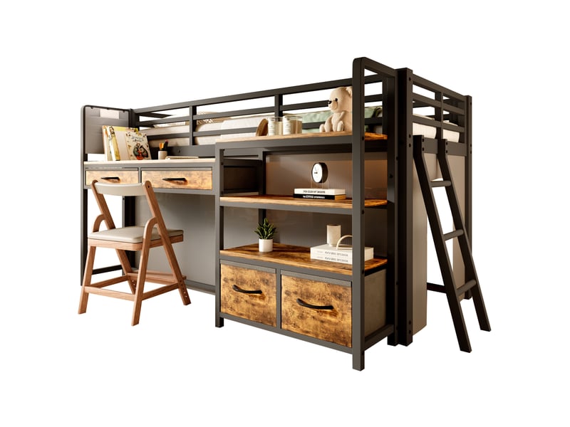  Lit mezzanine enfant 90 x 200 cm avec bureau, rangements et led noir  - Conforama A
