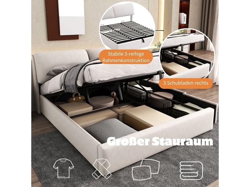  Lit coffre 180x200 cm, lit double, sommier à lattes, rangement hydraulique, velours beige, 3 tiroirs  - Conforama W