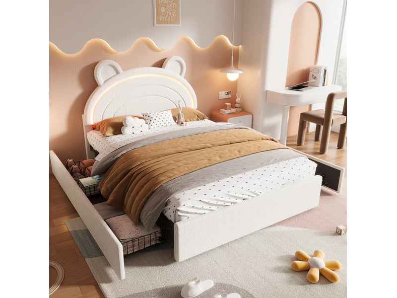  Lit rembourré enfant modenvie 140 x 200 cm velours beige tête de lit ours led et 4 tiroirs  - Conforama B