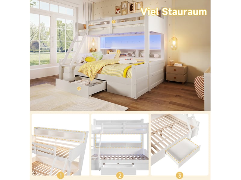  Lit superposé 90x200 cm + 140x200 cm, led, rangements, tiroir, échelle modulable, bois de pin, blanc, sans matelas  - Conforama E