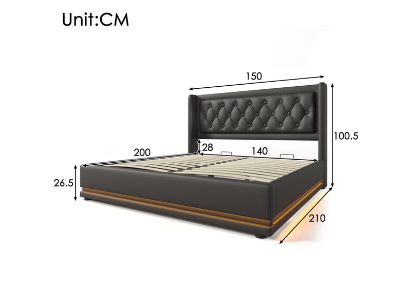  Lit coffre double 140 x 200 cm noir en pu avec matelas, led et ports usbusb-c  - Conforama E