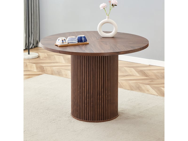  Table à manger ronde plateau 4 segments avec rangement - lpospi - pied cylindrique mdf noyer 100 cm  - Conforama C