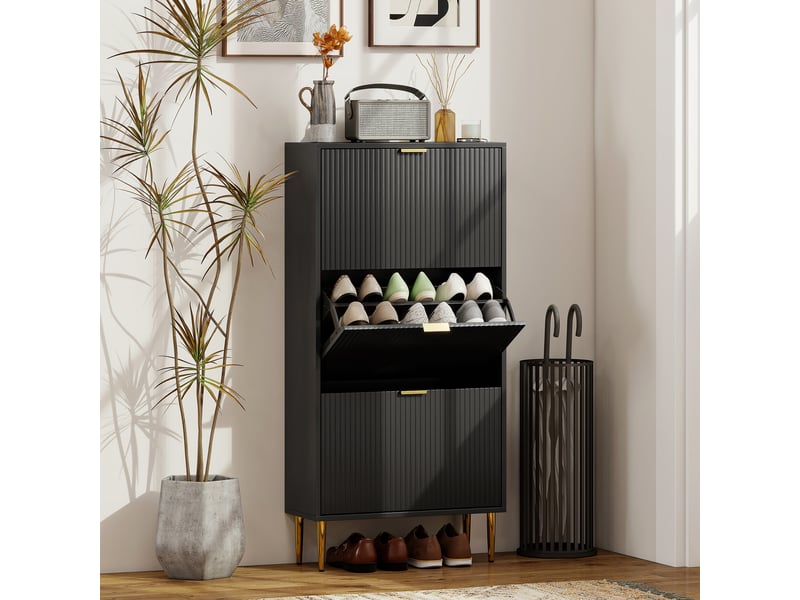  Meuble à chaussures 18 paires avec 3 tiroirs rabattables, portes cannelées et étagères réglables, 60x24x122,5cm, noir  - Conforama B