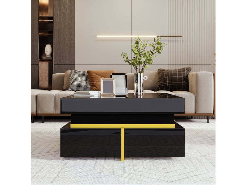  Table basse avec 2 tiroirs, finition haute brillance et accents dorés pour salon, noire, 70 × 70 × 35,5 cm  - Conforama C