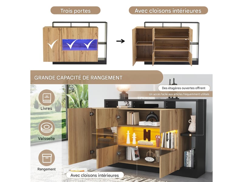  Buffet avec led et portes en mdf coloris bois 140x44x93,5 cm - pangivo  - Conforama E