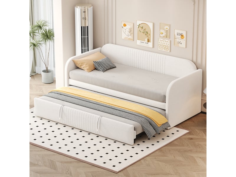  Canapé-lit convertible 90/180x190 cm, rayures verticales, tissu lin beige, sans matelas  - Conforama R