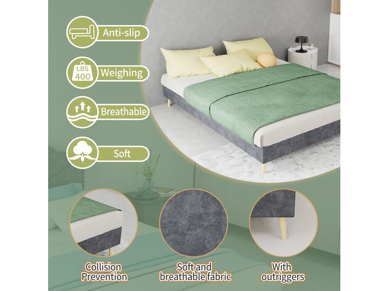  Lit enfant 140 × 200 cm 2 places avec tête de lit rembourrée, sans matelas, en tissu gris  - Conforama E