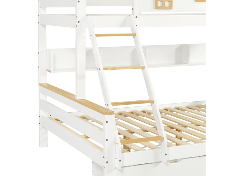  Lit superposé enfant 90x200 et 140x200 cm – blanc et naturel – 2 tiroirs de rangement – sans matelas  - Conforama E