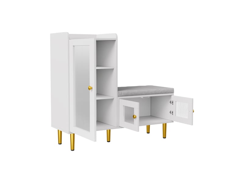  Meuble à chaussures - 100x35x90cm - banc d'entrée avec assise rembourrée, étagères ajustables, portes en verre flûté - blanc  - Conforama A
