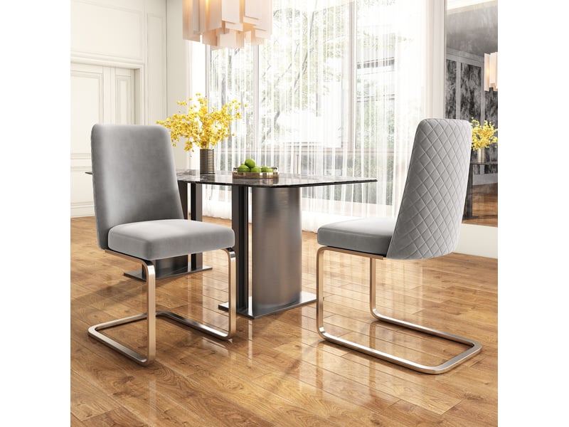Chaise de salle à manger lot de 6 avec dossier à motif losange et pieds métalliques, en velours gris et argenté - Conforama D