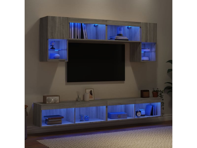  Meuble tv - unités murales tv avec led 6 pcs gris sonoma bois d'ingénierie  - Conforama B