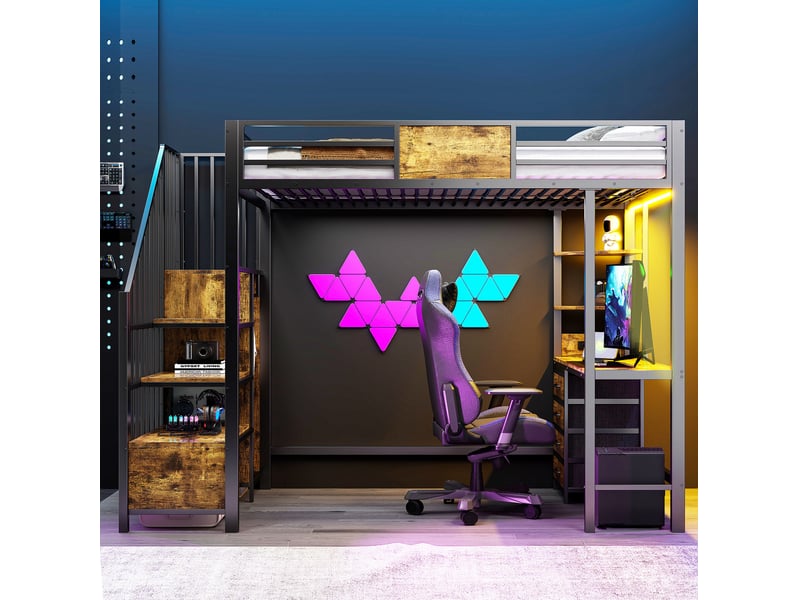 Lit mezzanine 90x200 cm noir avec bureau, rangements, led et prise intégrée - Conforama B