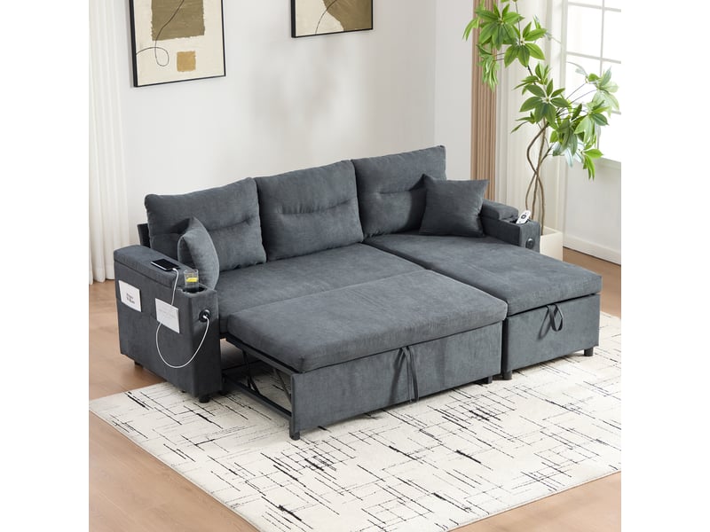  Canapé convertible moderne 3 places avec rangement hydraulique et port usb-c, lin, 212,5 x 136 x 86 cm - gris foncé  - Conforama D