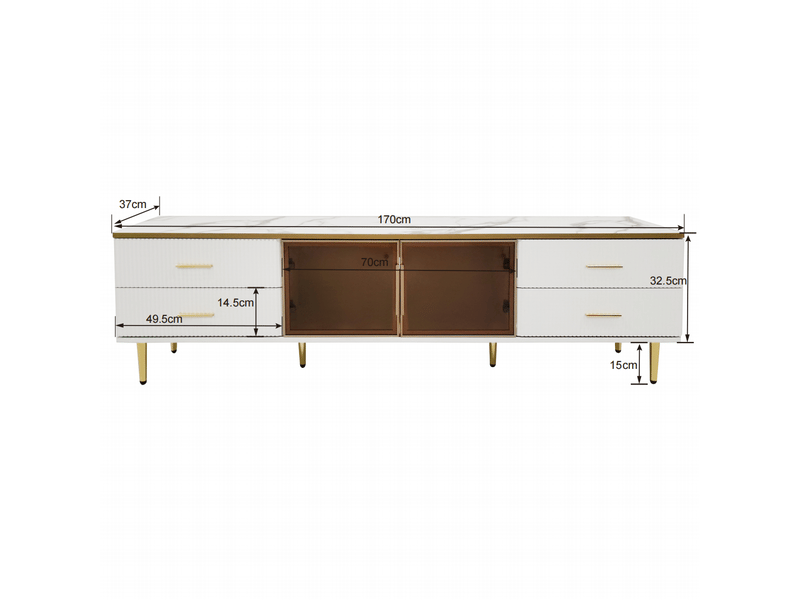  Meuble tv led 170 x 37 x 47,5 cm effet marbre, 4 tiroirs texturés, 2 portes en verre trempé et détails dorés  - Conforama B