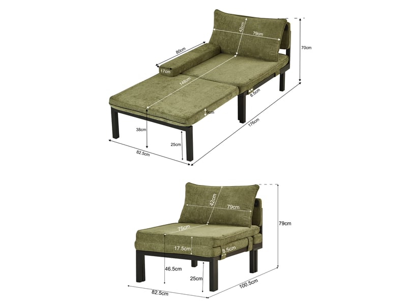  Canapé-lit pliable 1 place modenvie avec couchage convertible, port usb type-c, coussins en velours, cadre en bois, vert 176 x 82 x 79 cm  - Conforama C