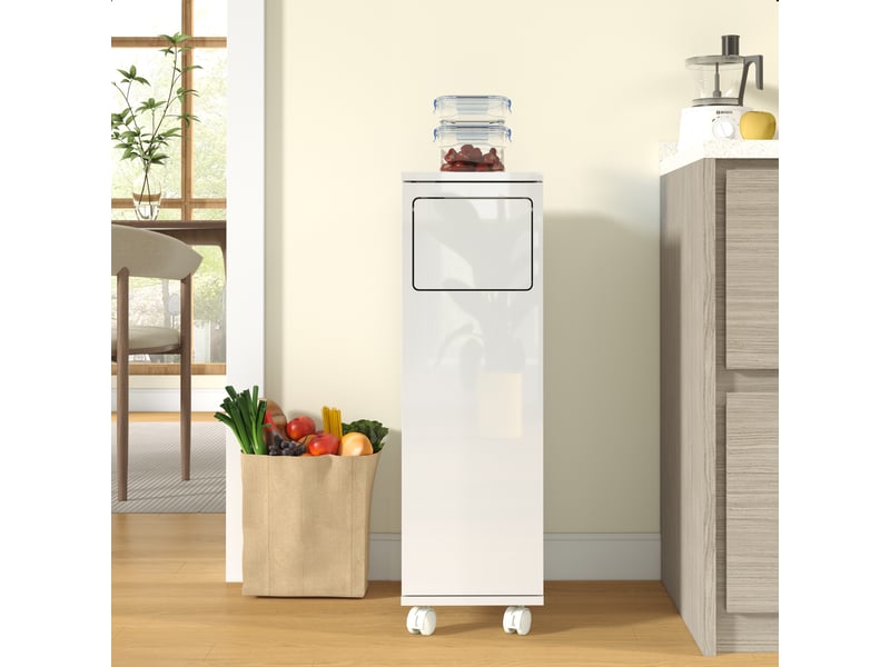  Buffet de cuisine - 24,2x35,1x80,2 cm - meuble poubelle roulant avec 1 porte et support sac poubelle - blanc  - Conforama B