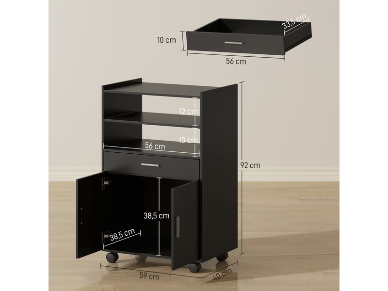  Chariot de cuisine sur roulettes, desserte micro-onde à roulettes avec placard tiroir étagères, noir, 59 x 40 x 92 cm  - Conforama C