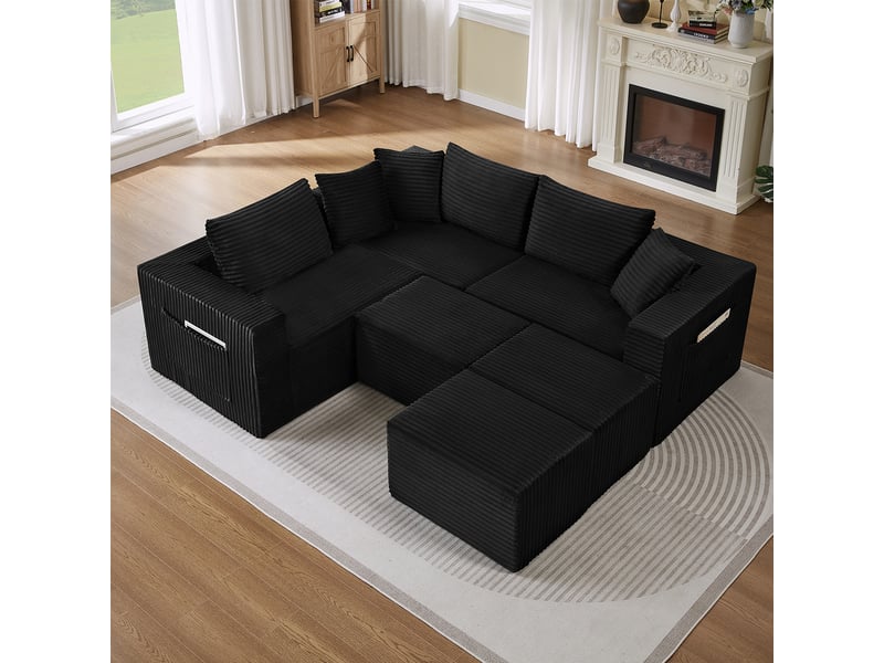 Canapé modulable 6 places en velours côtelé noir, assise souple et composition flexible IKSETERA TRADING LTD - Conforama D