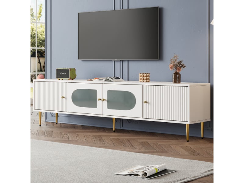 Meuble tv blanc 170x35x50 cm, pieds et poignées dorés, 4 portes (2 rainurées, 2 en verre incurvé), 35 kg - Conforama B
