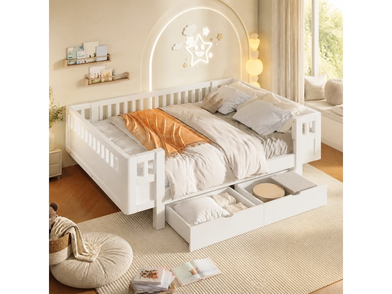  Lit plateforme enfant 140 x 200 cm, barrières hautes, 2 tiroirs, blanc  - Conforama B
