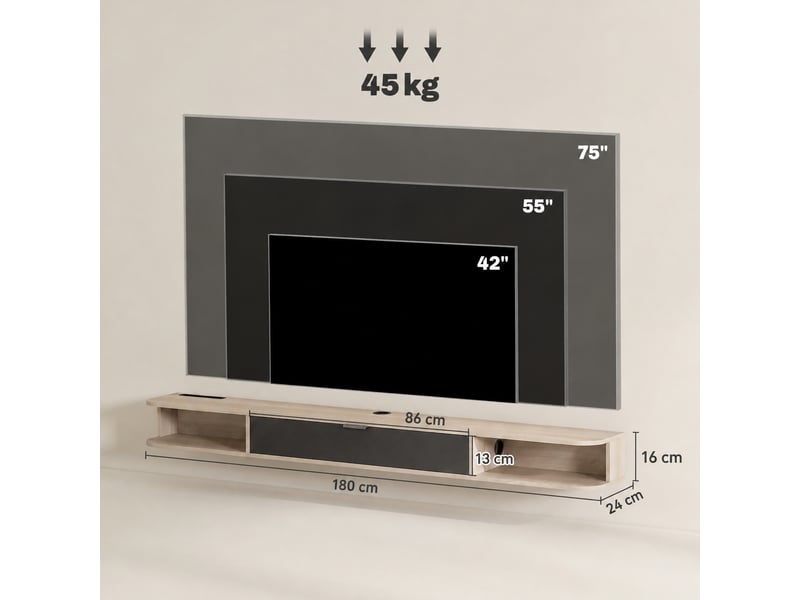  Meuble tv suspendu pour téléviseur jusqu'à 75 pouces, abattant, 2 niches, effet bois naturel, 180 x 24 x 16 cm  - Conforama C