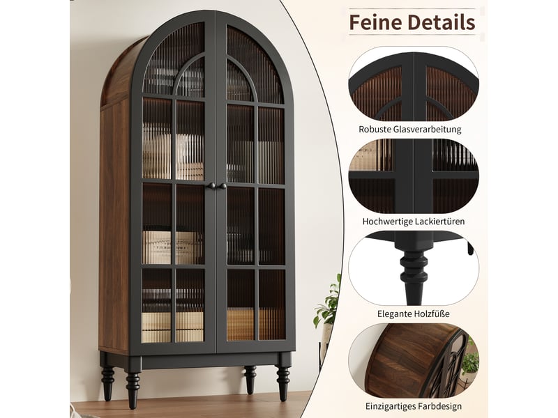  Buffet de cuisine haut noir, meuble rangement avec portes en verre et éclairage led, structure mdf pour salon ou entrée  - Conforama E